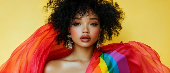 A model showcasing a bold, rainbow-colored outfit against a bright yellow background, representing diversity and promoting the values of tolerance and acceptance