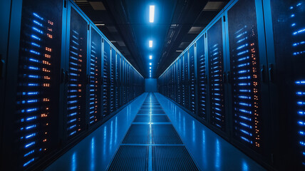 Poster - A long hallway with rows of computer servers. The servers are blue and orange. The blue lights are on and the orange lights are off