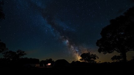 Poster - A tranquil camping site under a starry night sky, Camping equipment silhouetted against the Milky Way, Celestial camping style