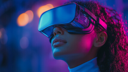 Poster - A woman wearing a virtual reality headset is looking at something. The image has a futuristic and technological vibe