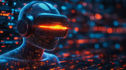 Poster - A man wearing a virtual reality headset is staring at a computer screen. Concept of immersion and wonder as the viewer is transported into a digital world