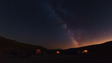 Poster - A tranquil camping site under a starry night sky, Camping equipment silhouetted against the Milky Way, Celestial camping style