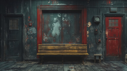Poster - A room with a bench and two red doors. The bench is empty and the room is very dark