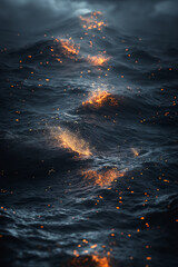 Sticker - A body of water with a lot of fire in it. The fire is coming from the water and is creating a beautiful and mesmerizing scene. Scene is one of awe and wonder