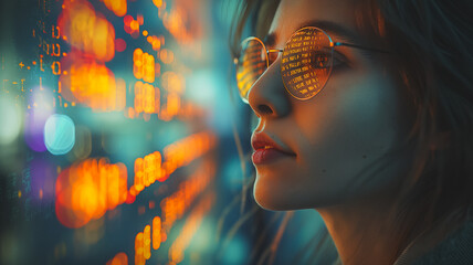 Poster - A woman wearing sunglasses is looking at a screen with a lot of numbers. The image has a futuristic and technological vibe, with the woman's sunglasses adding to the overall aesthetic
