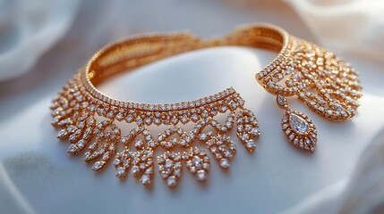 Poster - Luxurious 3D gold jewelry set featuring finely detailed necklace and diamond earrings set on a pristine white backdrop for a glamorous and elegant look