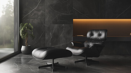 Poster - A black leather chair and ottoman sit in front of a window. The room is dark and the chair is the only piece of furniture in the room
