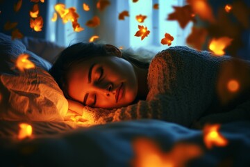 Poster - This enchanting image features a woman sleeping soundly, encircled by luminous, floating leaves, creating a delicate interplay of light and shadow around her tranquil form.