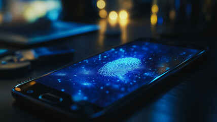 Poster - Fingerprint scanner on a mobile screen - A close-up view of a fingerprint scanning animation on a smartphone screen, emphasizing biometric security.