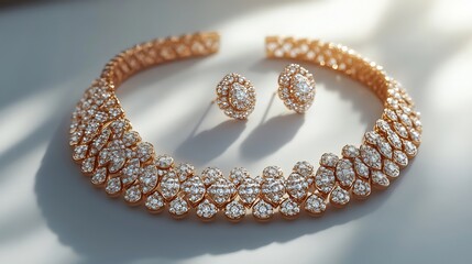 Poster - Luxurious 3D gold jewelry set featuring finely detailed necklace and diamond earrings set on a pristine white backdrop for a glamorous and elegant look