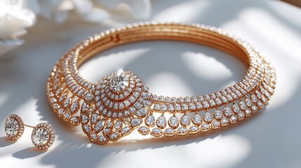 Poster - Luxurious 3D gold jewelry set featuring finely detailed necklace and diamond earrings set on a pristine white backdrop for a glamorous and elegant look