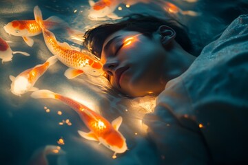 Poster - A striking image of a man asleep, drifting in a serene underwater realm, illuminated by glowing koi fish, representing surreal tranquility and introspection.