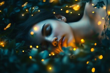 Poster - A captivating image of a woman resting in a forest, surrounded by luminous fireflies, embodies a magical fusion of tranquility, nature, and dreamlike wonder.