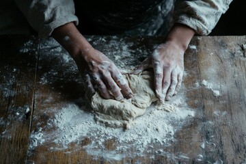 A pair of hands is shaping a dough mass on a flour-dusted wooden work surface, illustrating the intimate craft of bread-making in an artisan's tranquil environment.