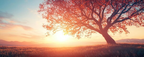 Poster - A vibrant tree silhouetted against a colorful sunset in a serene landscape.