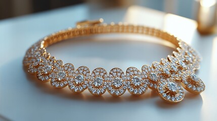 Poster - Luxurious 3D gold necklace adorned diamonds paired with matching earrings set on a white backdrop for an elegant and sophisticated look