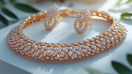 Fototapete - Luxurious 3D gold necklace adorned diamonds paired with matching earrings set on a white backdrop for an elegant and sophisticated look
