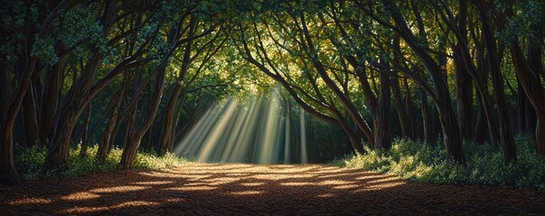 Poster - Sunlight filters through a lush green forest, creating a serene, tranquil pathway.