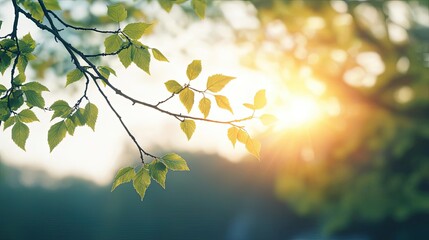Poster - Branch with green leaves against a bright sunlight background.