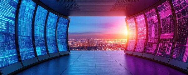 Poster - Futuristic view from a high-tech room with colorful screens and sunset.