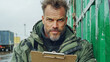 © Pattharakrit - rugged man with clipboard stands confidently in industrial setting, showcasing strong presence amidst shipping containers. His serious expression reflects determination and focus