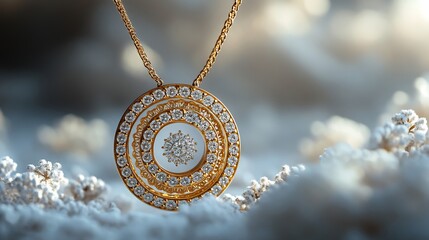 Poster - Luxurious 3D gold pendant radiant stones elegantly suspended on a minimalistic softhued background the design blending intricate craftsmanship with modern minimalism