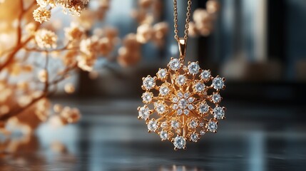 Poster - Luxurious 3D gold pendant sparkling diamonds and gemstones suspended on a minimalist neutral background blending modern design with timeless elegance