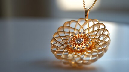 Poster - Luxurious 3D gold pendant radiant stones elegantly suspended on a minimalistic softhued background the design blending intricate craftsmanship with modern minimalism