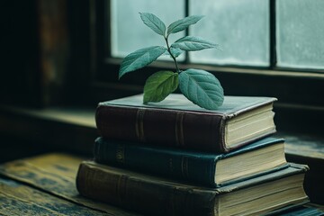 Poster - A small green plant grows atop a stack of three old books by a window, symbolizing growth and knowledge in a cozy and contemplative atmosphere indoors.