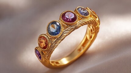 Poster - Luxurious 3D gold ring radiant gemstones standing out on a minimalist softhued background emphasizing the harmony between intricate craftsmanship and the simplicity of the design