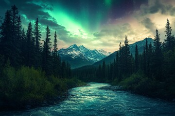 Poster - A breathtaking scene of the aurora borealis illuminating the sky over a stunning mountain range with a gently flowing river, depicting a magical night landscape.