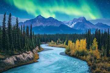 Poster - An enchanting view of northern lights stretching across the sky over a twisting river with mountains in the distance, illustrating harmony and beauty in nature's vastness.