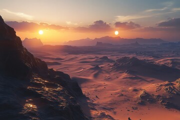 A surreal landscape featuring a vast desert under a mesmerizing sunset, complete with two suns casting an enchanting glow over the dunes and distant mountains.