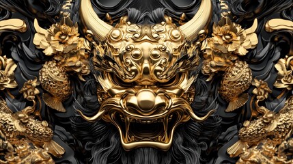  A gold mask, detailed in close-up, set against a contrasting black and gold background A dragon head ornament adorns the right side