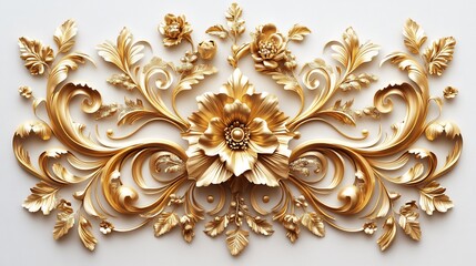 Poster - Luxurious 3D golden Baroque filigree ornament featuring intricate floral scrollwork detailed leaf patterns set against a white background with vintage decorative elegance and opulence