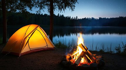 Camping scene with a warm campfire and tent by the tranquil lake at dusk.