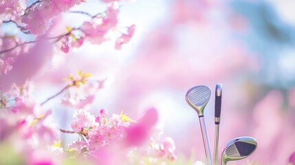 Wall Mural - A tranquil golf course surrounded by cherry blossoms in full bloom, Golf clubs resting under pink petals, Springtime elegance style