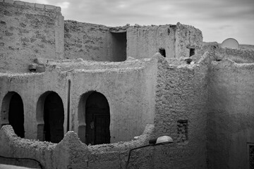 Detail of a big adobe house in Tafilalet oasis in Morocco, North Africa. The largest oasis in the world. Ziz River in the middle of the desert between the cities of Erfoud and Rissani