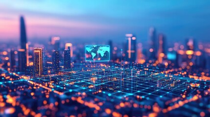 Poster - Futuristic cityscape with digital interfaces and glowing grid over urban skyline.