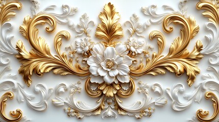 Poster - Luxurious golden Baroque ornament intricate swirling floral filigree set on a pristine white background framed by rich vintage leaf patterns and opulent rococoinspired decorative flourishes