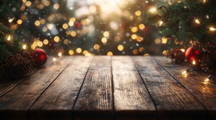 Aufkleber - A wooden table with a Christmas tree and lights on it