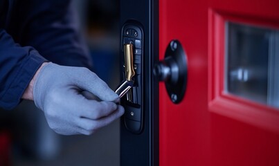 A gloved hand is inserting a key into a red door lock.