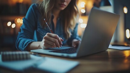 Wall Mural - Woman Working on Laptop with Cozy Lighting