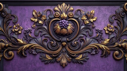 Poster - Luxurious golden filigree swirling floral leaf patterns ornate Baroque design intricately detailed and set in a 3D style against a pristine minimalistic purple background for an elegant vintage look