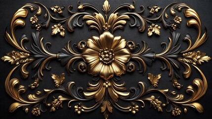 Poster - Luxurious golden filigree swirling floral and leaf designs in an intricate Baroque style arranged in an opulent 3D layout on a minimalistic black background for a regal vintage look