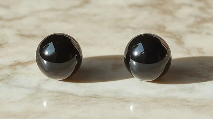 Poster - Minimalist black onyx studs a glossy finish isolated on a light neutral background creating a striking contrast and emphasizing their modern style
