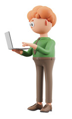 Poster - A cartoon character in a green shirt and brown pants holding a laptop, isolated on a white background, concept of technology and work. 3D Rendering