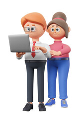 Poster - Two cartoon characters stand together, one using a laptop. Modern design on a white background, representing teamwork and collaboration. 3D Rendering