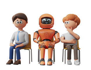 Poster - Three cartoon figures, two humans and one robot, sitting on chairs in a row. Isolated on a white background. Concept of technology and humans. 3D Rendering