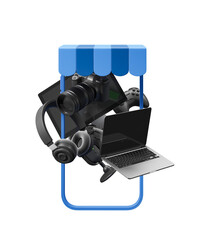 Poster - a collection of gadgets, including a camera, laptop, headphones, and game controller, displayed with